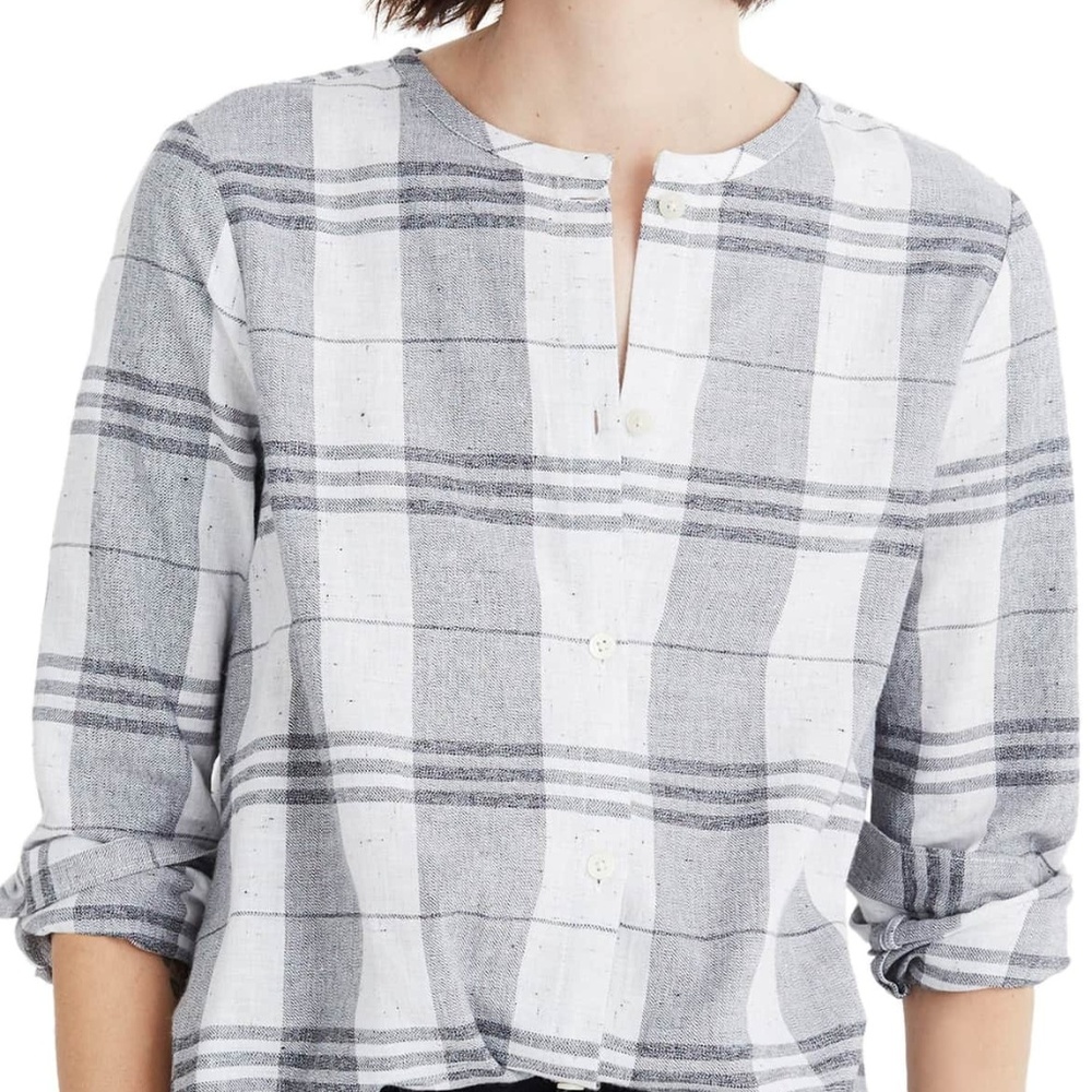 Madewell Grey Plaid Collarless Shirt - Button-down